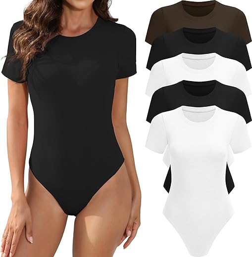 5 Pack Body Suits For Womens Short Sleeve Round Neck Casual Stretchy Basic T Shirt Bodysuit Tops