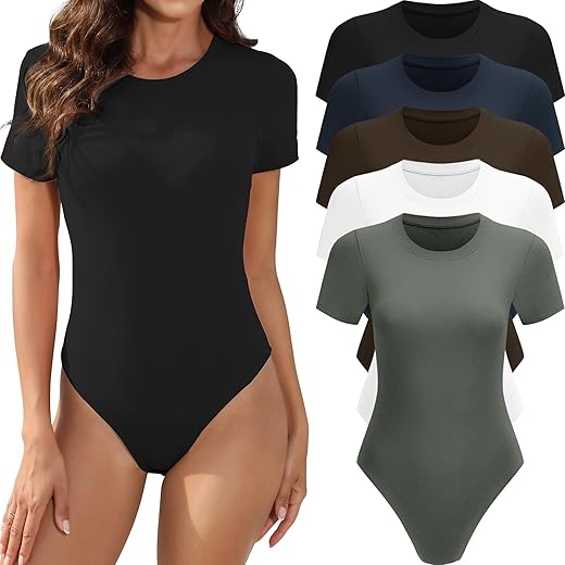 5 Pack Body Suits For Womens Short Sleeve Round Neck Casual Stretchy Basic T Shirt Bodysuit Tops