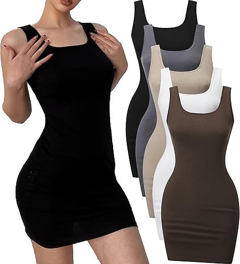 5 Piece Women Sleeveless Tank Dresses Square Neck Slim Fit Short Casual Bodycon Party Club Mini Dress