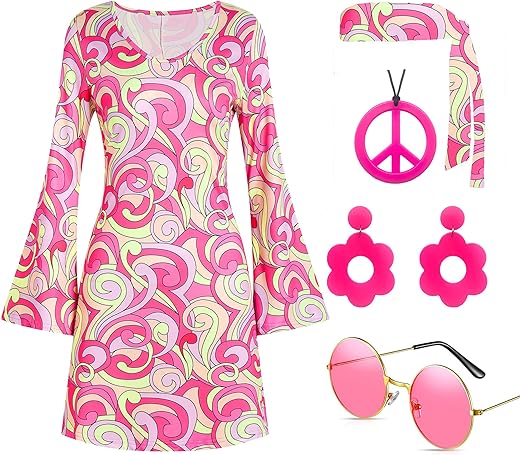 60S 70S Disco Outfit Hippie Costume Women, 1970 Style Clothes Dress Peace Sign Accessories Jewelry Halloween