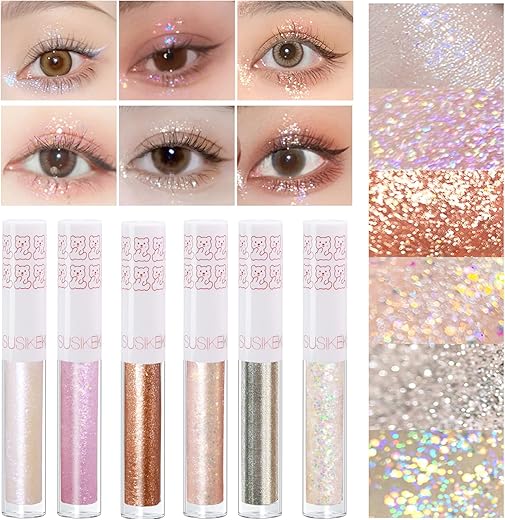 6Pcs Liquid Glitter Eyeshadow Eyeliner, Korean Makeup, Bling Under Eye Shadow, Shimmer Eye Make Up Valentine'S Day Gift Set,Long Lasting,Quick Drying &Amp; Pigmented Loose Glitter Glue For Crystals Makeup