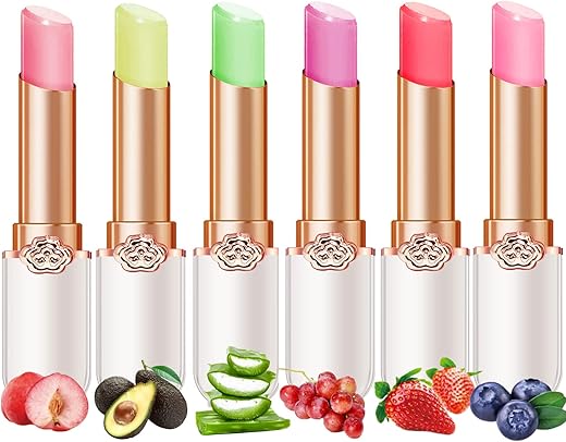 6 Pcs/Set Peach Aloe Vera Strawberry Blueberry Avocado Grape Jelly Lipstick Set Temperature Change Moisturizer Flower Lip Stick Long Lasting Nutritious Lip Balm Magic Color Change Lip Gloss