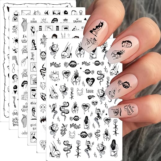 6 Sheets Sexy Girls Nail Art Stickers Black White Nail Decals Bad Girls Nail Supplies 3D Self Adhesive Snake Flower Ghost Designs Nail Stickers For Women Girls Sexy Acrylic Nails Manicure Decoration