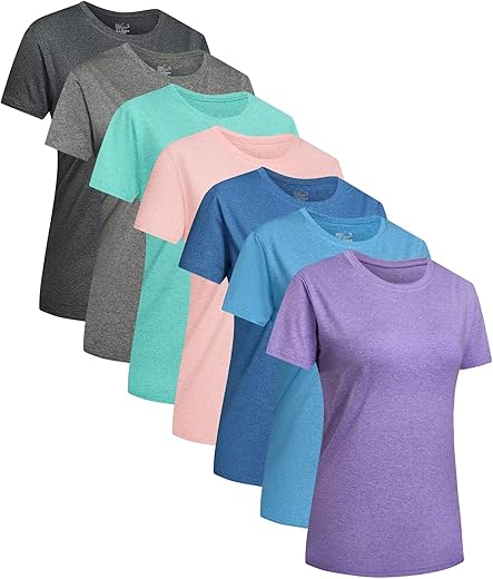 7 Pack Workout Tops For Women Short Sleeve Quick Dry Gym Running Athletic Shirts Lightweight Crew Neck Yoga T-Shirts