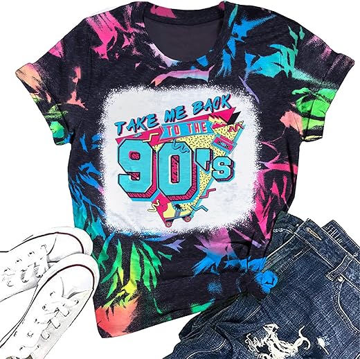 90S Outfit For Women Take Me Back To The 90'S Shirt Vintage Neon Crew Neck Tops Tee For Birthday Party Gift