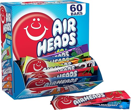 Airheads Candy Bars, Variety Bulk Box, Chewy Full Size Fruit Taffy, Gifts, Holiday, Parties, Concessions, Pantry, Non Melting, Party, 60 Individually Wrapped Full Size Bars