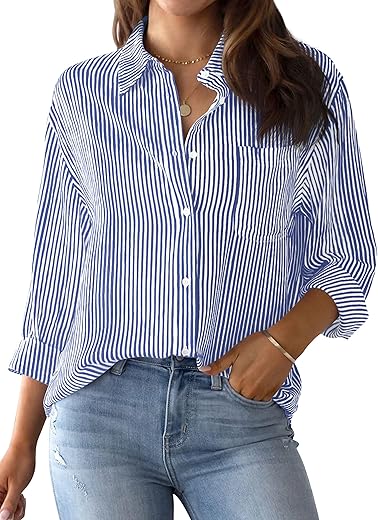 Aisew Womens Button Down Shirts Striped Classic Long Sleeve Collared Office Work Blouses Tops With Pocket