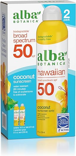 Alba Botanica Hawaiian Coconut Sunscreen, Spray Broad Spectrum Spf 50 Sunscreen, Water Resistant And Biodegradable 8 Fl Oz Bottle (Pack Of 2)