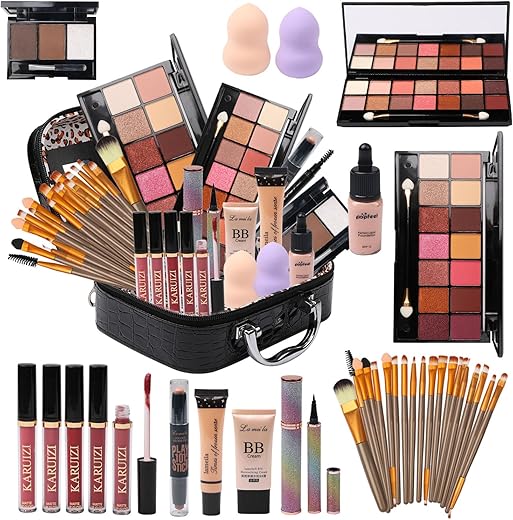 All In One Makeup Kit For Makeup Storage Bag 2X14 Colors Eyeshadow Palette Liquid Foundation Eyeliner Pencils Contouring Stick Lip Gloss Eyebrow Pencils 20Pcs Makeup Brushes Etc For Women Girls Teens (Black)