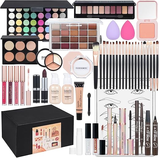 All In One Makeup Kit Makeup Kit For Women Full Kit Multipurpose Makeup ，Eyeshadow、 Liquid Foundation,Loose Powder,Eyebrow Pencil,4-Color Lip Gloss Set