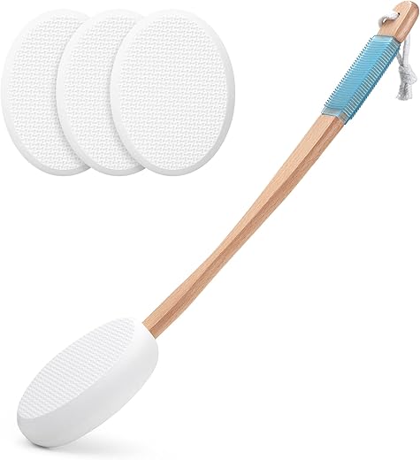 Amazerbath Lotion Applicator For Back, Feet, 4 Replaceable Pads With 1 Long Handled, Back Sunscreen Applicator For Kids, Elderly, Women, Apply Cream Medicine Skin Cream Moisturizer Tanner, White