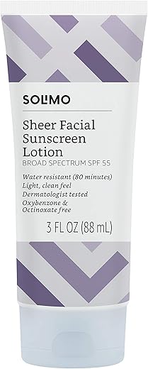 Amazon Basics Sheer Facial Sunscreen Spf 55, Uva/Uvb Protection, Unscented, Lightweight, Water Resistant, Formulated Without Octinoxate &Amp; Oxybenzone, 3 Fl Oz (Pack Of 1) (Previously Solimo)