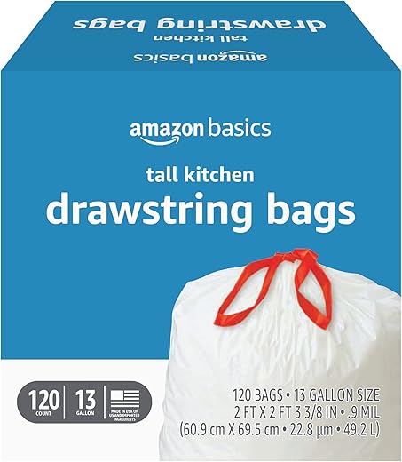 Amazon Basics Tall Kitchen Drawstring Trash Bags, 13 Gallon, 120 Count, Pack Of 1