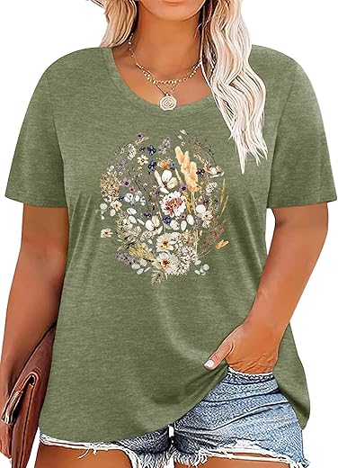 Anbech Women Plus Size Tops Cute Kindness Graphic Be Kind Tees Wildflowers Print Teacher Tops