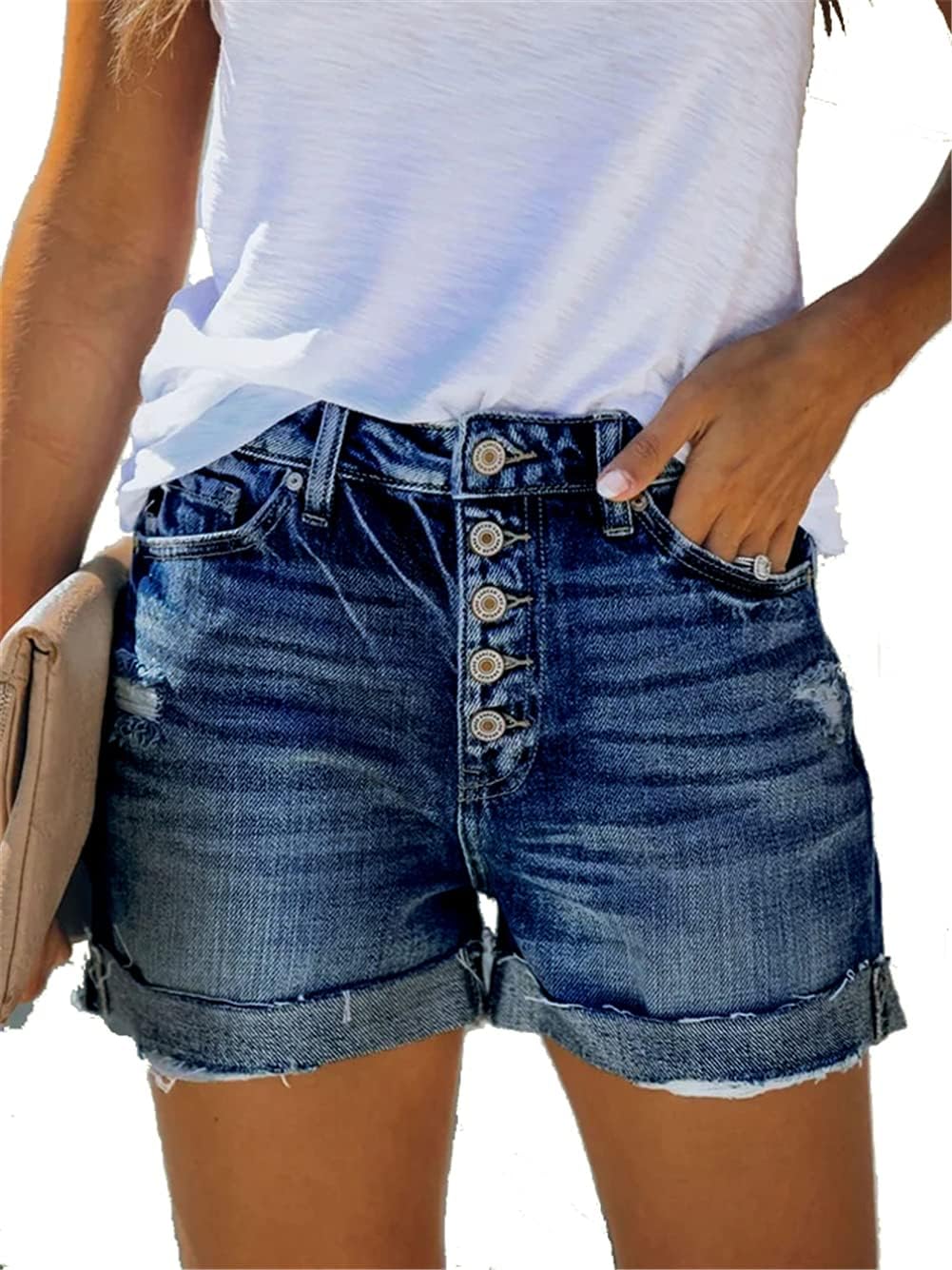 Angerella Denim Shorts For Women Mid Rise Ripped Jean Shorts Stretchy Folded Hem Hot Short Jeans