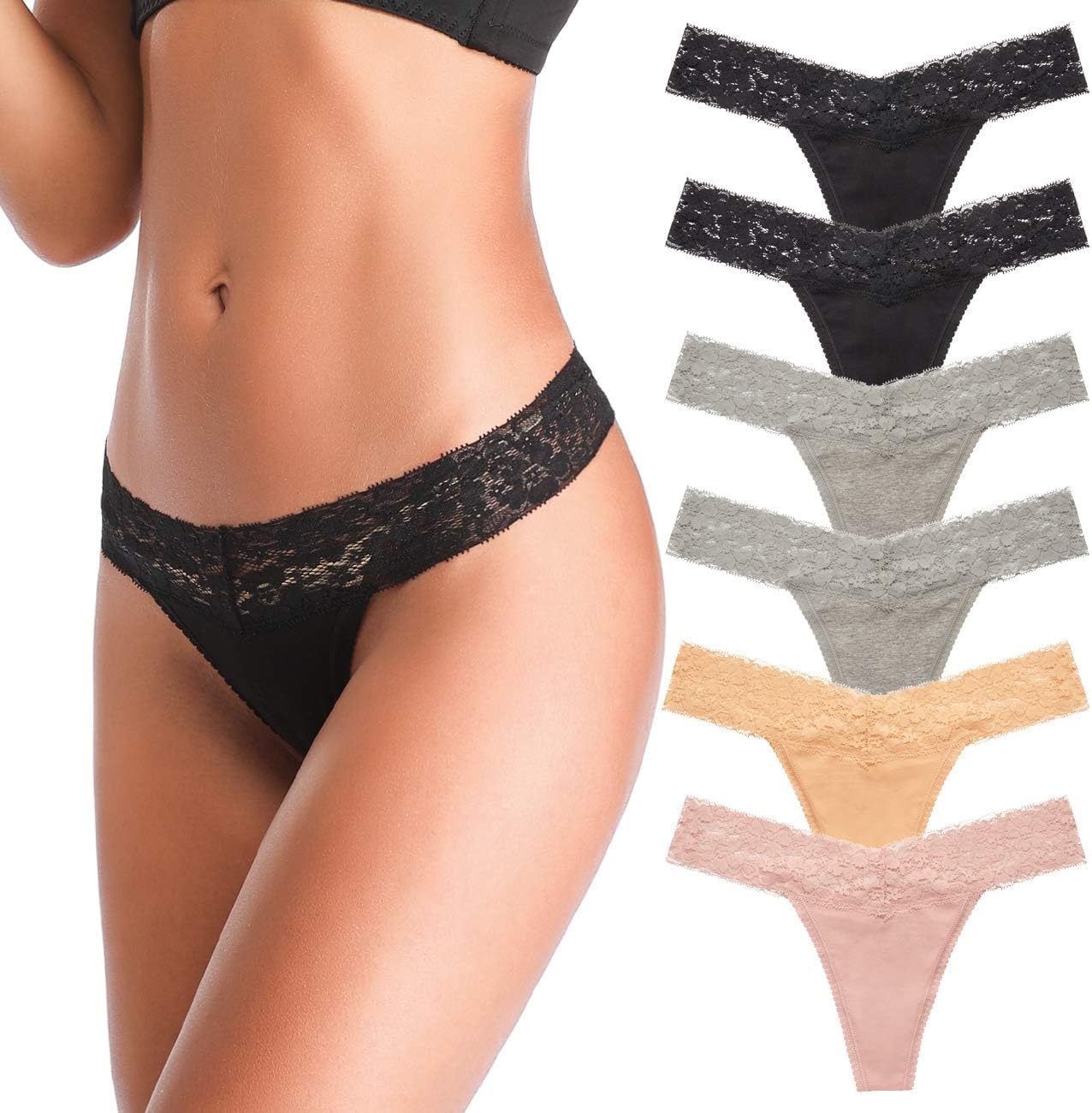 ANNYISON Women's Thongs, T Back Low Waist See Through Panties Cotton Seamless Lace Thongs for Women