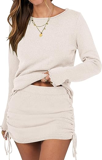 Anrabess Women 2 Piece Outfits Long Sleeve Sweater Top Mini Skirt Sets 2024 Fall Spring Lounge Travel Beach Clothing Sets