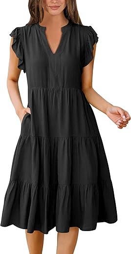 Anrabess Womens Summer Ruffle Sleeve V Neck Midi Dress 2024 Fashion Casual Fit Flowy Tiered Boho Beach Vacation Sundress