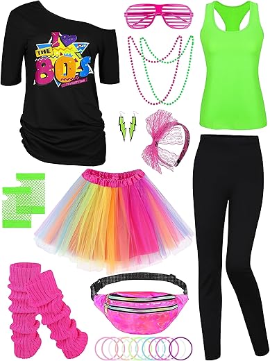 Aothso 24 Pieces Halloween Women 80S Costume Accessories Set 80S Cosplay T-Shirt Tutu Pants Racerback Top Fanny Pack Gloves