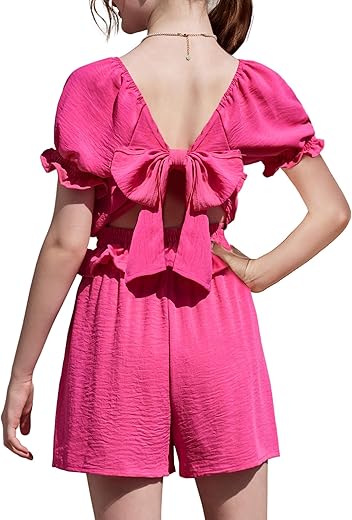 Arshiner Girls Short Set 2 Piece Summer Boho Clothes Tie-Back Puff Sleeve Top And Shorts With Pockets For 5-14 Years