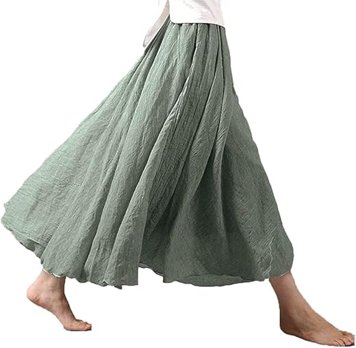 Asher Fashion Women'S Bohemian Style Elastic Waist Band Cotton Linen Long Maxi Skirt Dress