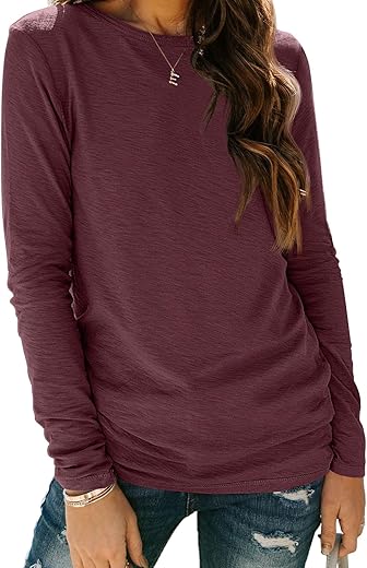 Automet Womens Long Sleeve Round Neck Shirts Basic Tee Fall Tops Outfits Clothes 2024