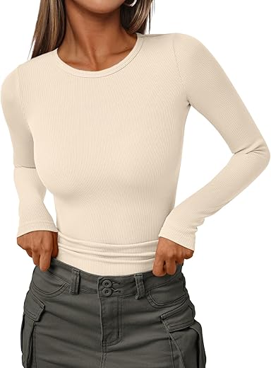 Automet Womens Ribbed Shirts Crewneck Fitted Tops Casual Underscrubs Layer Slim Basic T-Shirts