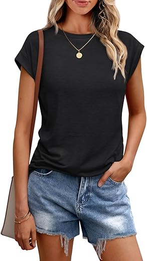 Automet Womens Tops Casual Dressy Basic T Shirts Loose Fit Crewneck Cap Sleeve Tee Summer Outfits 2024