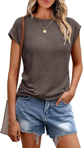 Automet Womens Tops Casual Dressy Basic T Shirts Loose Fit Crewneck Cap Sleeve Tee Summer Outfits 2024