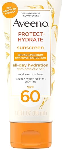 Aveeno Protect + Hydrate Moisturizing Body Sunscreen Lotion With Broad Spectrum Spf 60 &Amp; Prebiotic Oat, Weightless &Amp; Refreshing Feel, Paraben-Free, Oil-Free, Oxybenzone-Free, 3.0 Fl. Oz