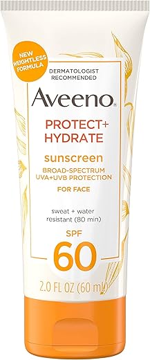 Aveeno Protect + Hydrate Sunscreen Moisturizing Face Lotion With Broad Spectrum Spf 60 And Prebiotic Oat, Paraben, Phthalate, Oxybenzone And Oil Free Sunscreen For Sensitive Skin, 2.0 Fl Oz