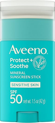 Aveeno Protect + Soothe Mineral Sunscreen Stick For Sensitive Skin, Spf 50, Water-Resistant For 80 Minutes, Face &Amp; Body Sunscreen With Zinc Oxide &Amp; Oat, Fragrance-Free, Travel Size, 1.5 Oz