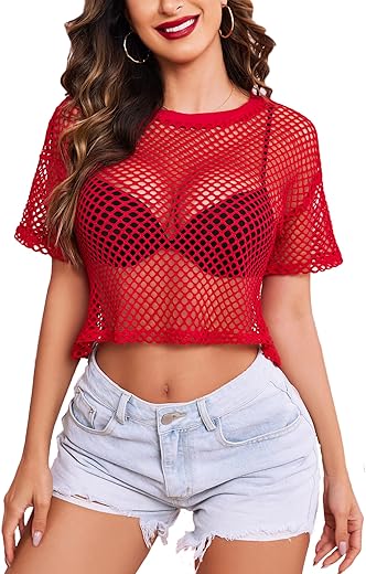 Avidlove Women'S Sheer Fishnet Top Sexy Short Sleeves Net T Shirts Crop Top