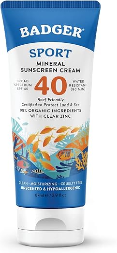 Badger Reef Safe Sunscreen, Spf 40 Sport Mineral Sunscreen, 98% Organic Sunscreen Ingredients, Broad Spectrum, Water Resistant, Zinc Oxide Sunscreen, Unscented, 2.9 Fl Oz