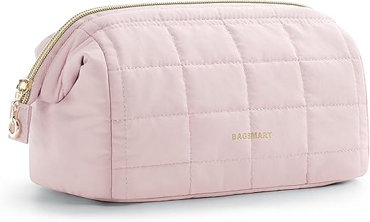 Bagsmart Makeup Bag Travel Toiletry Bag, Puffy Padded Make Up Bags For Women Makeup Organizer Case, Wide-Open Pouch Purse Travel Essentials Toiletries Accessories Brushes, Pink