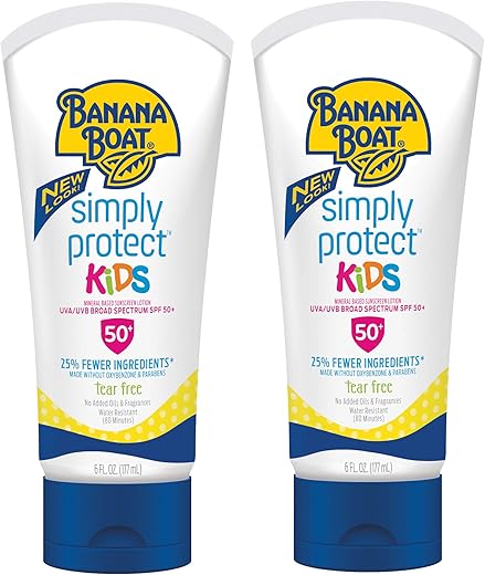 Banana Boat Kids 100% Mineral Sunscreen Lotion Spf 50, Twin Pack | Kids Sunscreen, Kids Sunblock, Banana Boat Mineral Sunscreen For Kids, Oxybenzone Free Sunscreen Spf 50, 6Oz Each (Pack Of 2)