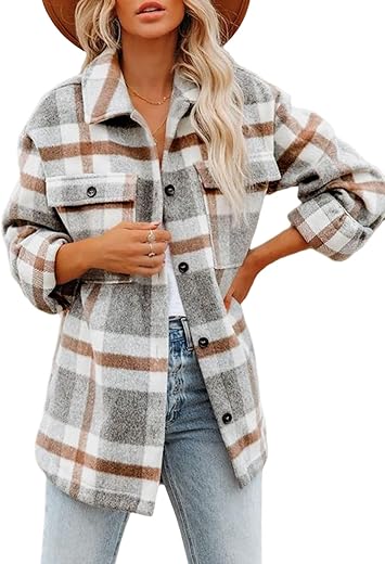 Beaully Women'S Flannel Plaid Shacket Long Sleeve Button Down Shirts Jacket Coats With Side Pockets