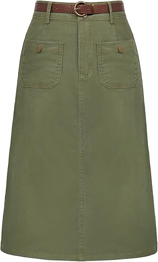 Belle Poque Denim Skirt With Belt Below Knee Length High Waisted Jean Skirts For Women