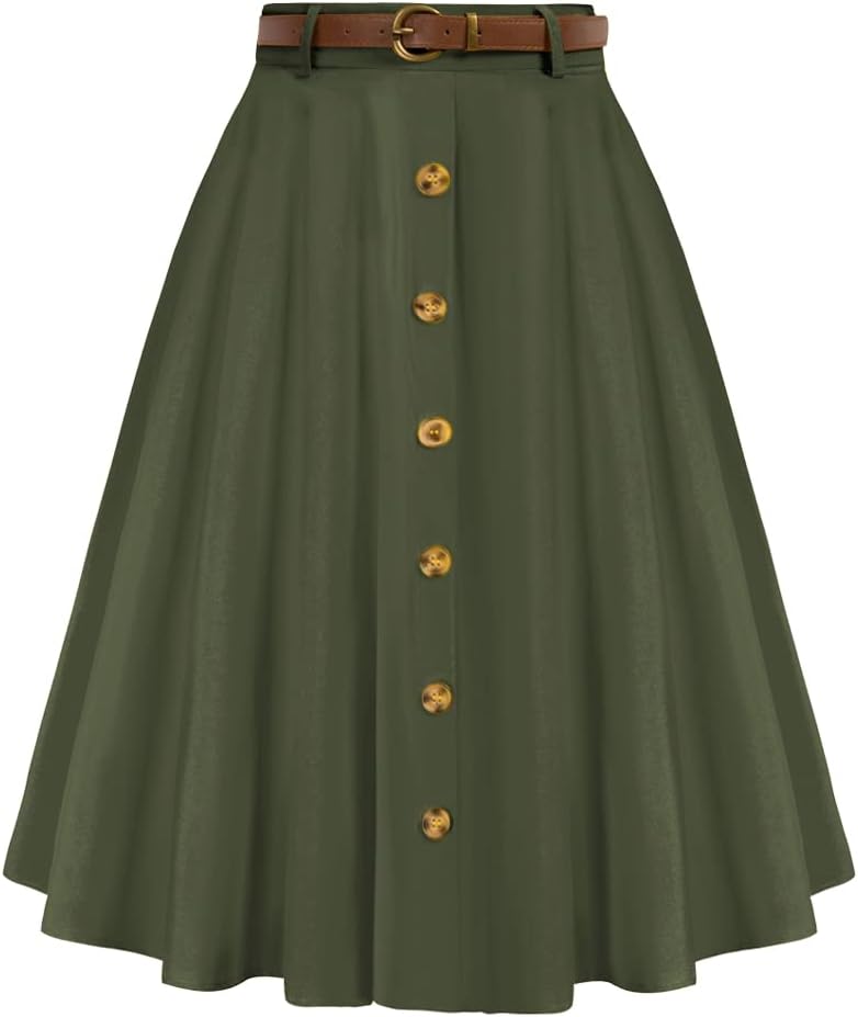 Belle Poque Women'S Vintage Stretch High Waist A-Line Flared Midi Skirts With Pockets &Amp; Belts