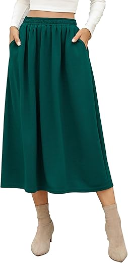 Berydress Midi Skirts With Pockets For Women Trendy Elastic High Waisted Casual Flowy Swing A Line Fall Skirt