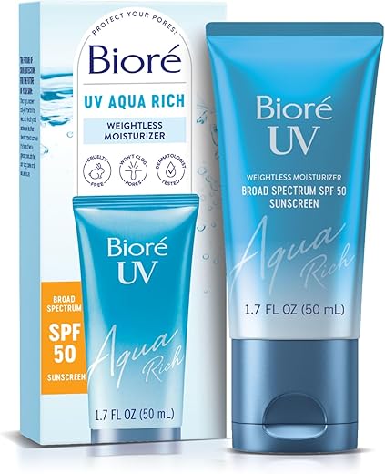 Biore Uv Aqua Rich Spf 50 Pa++++ Daily Moisturizer Sunscreen For Face, For Sensitive Skin, Oil Free, Hyaluronic Acid, Vegan, Oxybenzone &Amp; Octinoxate Free, Dermatologist Tested, Allure Winner, 1.7 Oz