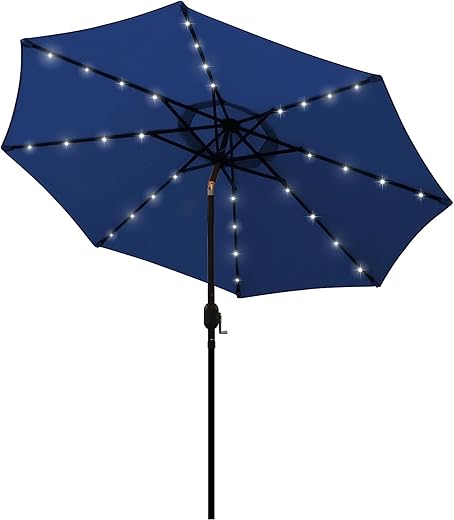 Blissun 9 Ft Solar Umbrella 32 Led Lighted Patio Umbrella Table Market Umbrella With Tilt And Crank Outdoor Umbrella For Garden, Deck, Backyard, Pool And Beach (Navy Blue)