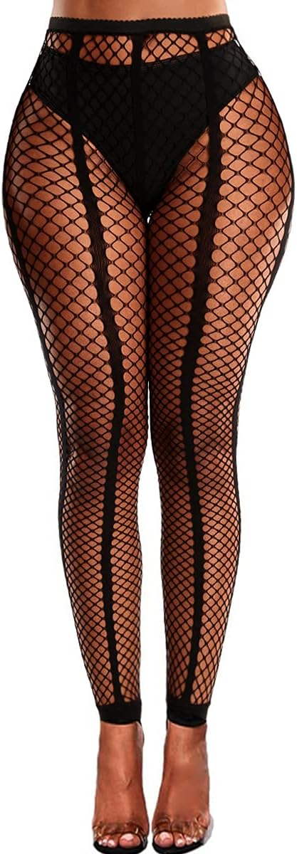 Buitifo Women Sexy Tights Fishnet Opening Leggings Stripe Pantihose Lingerie Pants