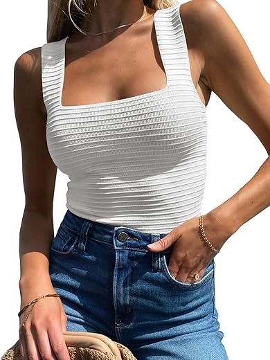 Bzb Womens Ribbed Tank Tops 2024 Summer Sleeveless Square Neck Shirts Casual Slim Fitted Knit Shirts