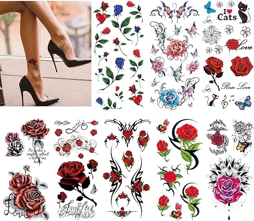 Cargen Sexy Rose Temporary Tattoos - 8 Sheets Sexy Flower Butterfly Cat Love Tattoos For Women Sexy Makeup Fake Tattoo Body Art Sticker Great For Legs Thighs Chest Hips Fingers Neck Ankle Shoulder