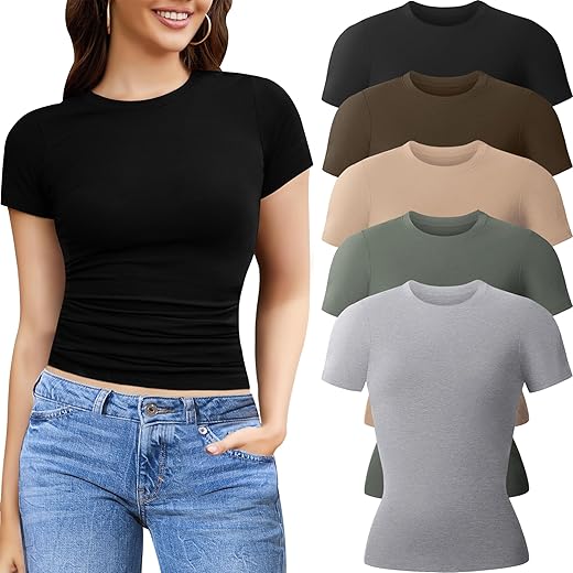 Ce' Cerdr 5 Pack Womens T Shirts Crew Neck Short Sleeve Shirts For Women Casual Basic Fitted Stretchy Tee Tops