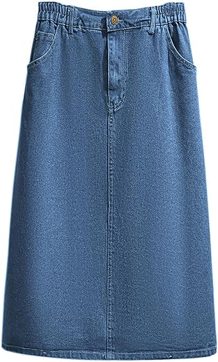 Chartou Women'S Summer Casual Elastic Waist Pockets Work Midi Denim A Line Skirt