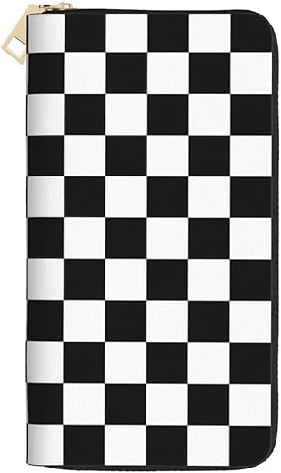 Checkered Wallet Pu Leather For Women Black And White Purse Phone Credit Card Holder