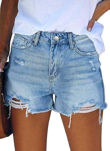 Chiczone Womens Mid-High Waisted Denim Jean Shorts Cutoff Ripped Stretchy Summer Hot Short Pants