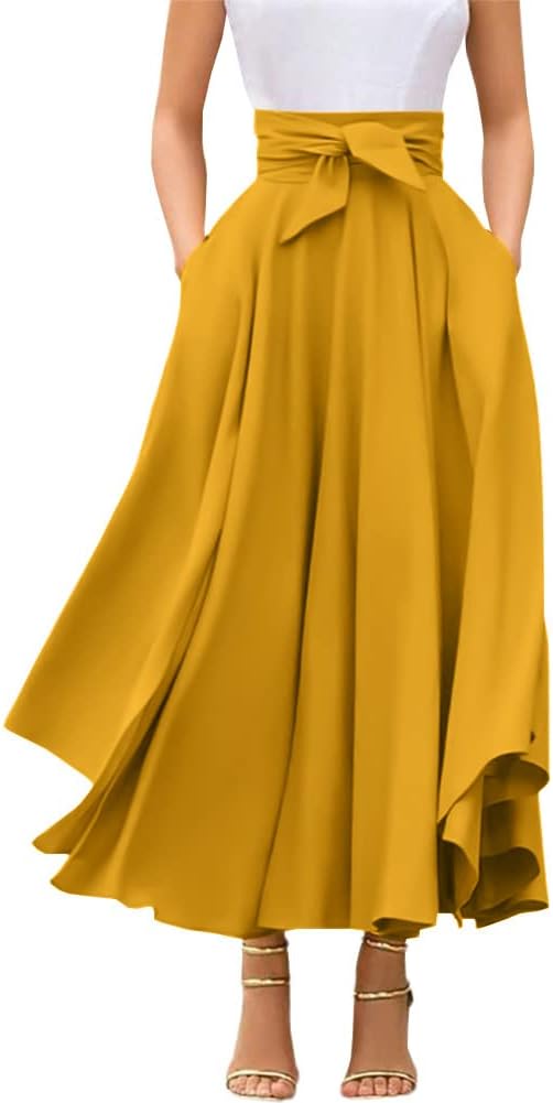 Chouyatou Women'S Elegant High Waisted Side Slit Irregular Bohemian Maxi Skirt With Pockets